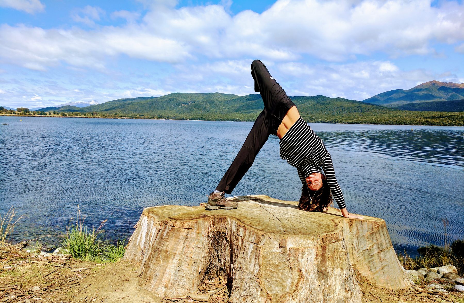 Shani in a downward-facing pose on a tree stump beside a lake